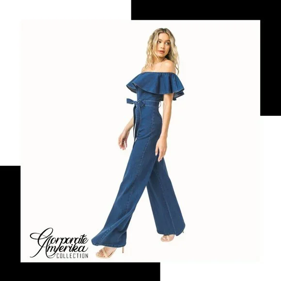 Denim off the Shoulder Ruffle Belted Jumpsuit - Picture 5 of 5